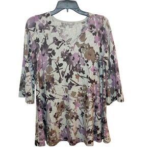 J.Jill Floral Print Silk Cashmere Blend Gray Purple Brown 3/4 Sleeve Top Sweater